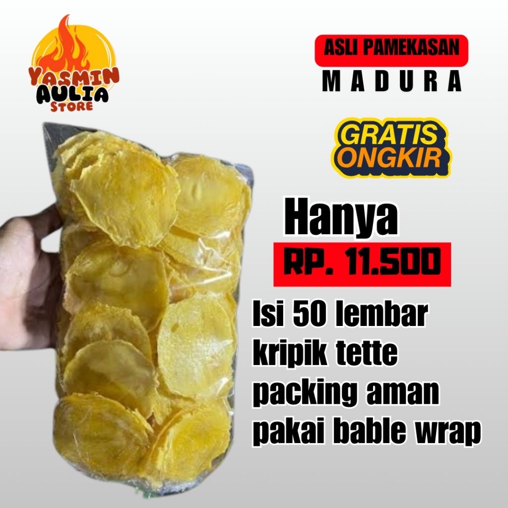 

KRIPIK TETTE (KRIPIK SINGKONG) FREE BUBLE WRAP, ASLI PAMEKASAN MADURA ISI 50LEMBAR KRIPIK