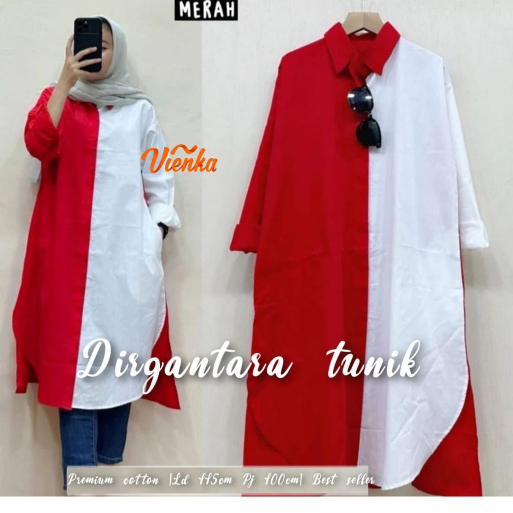 Dirgantara Tunik Wanita Baju Merah Putih Katun Premium Lengan Panjang Oversize Muslimah Busui Polos