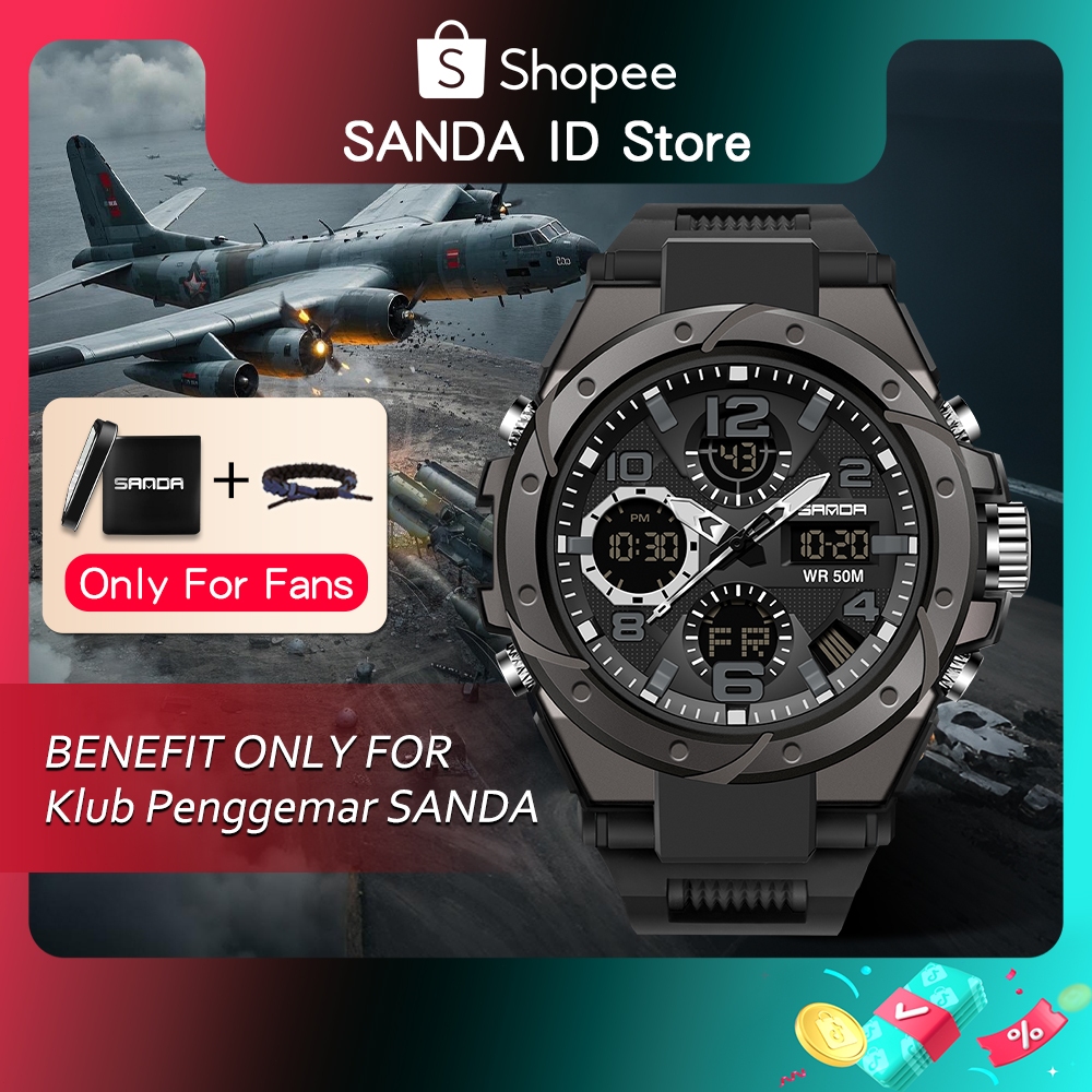SANDA 6008-2 Jam Tangan Pria Olahraga Luar Ruangan Tahan Air Multifungsi Jam Tangan Analog-Digital B