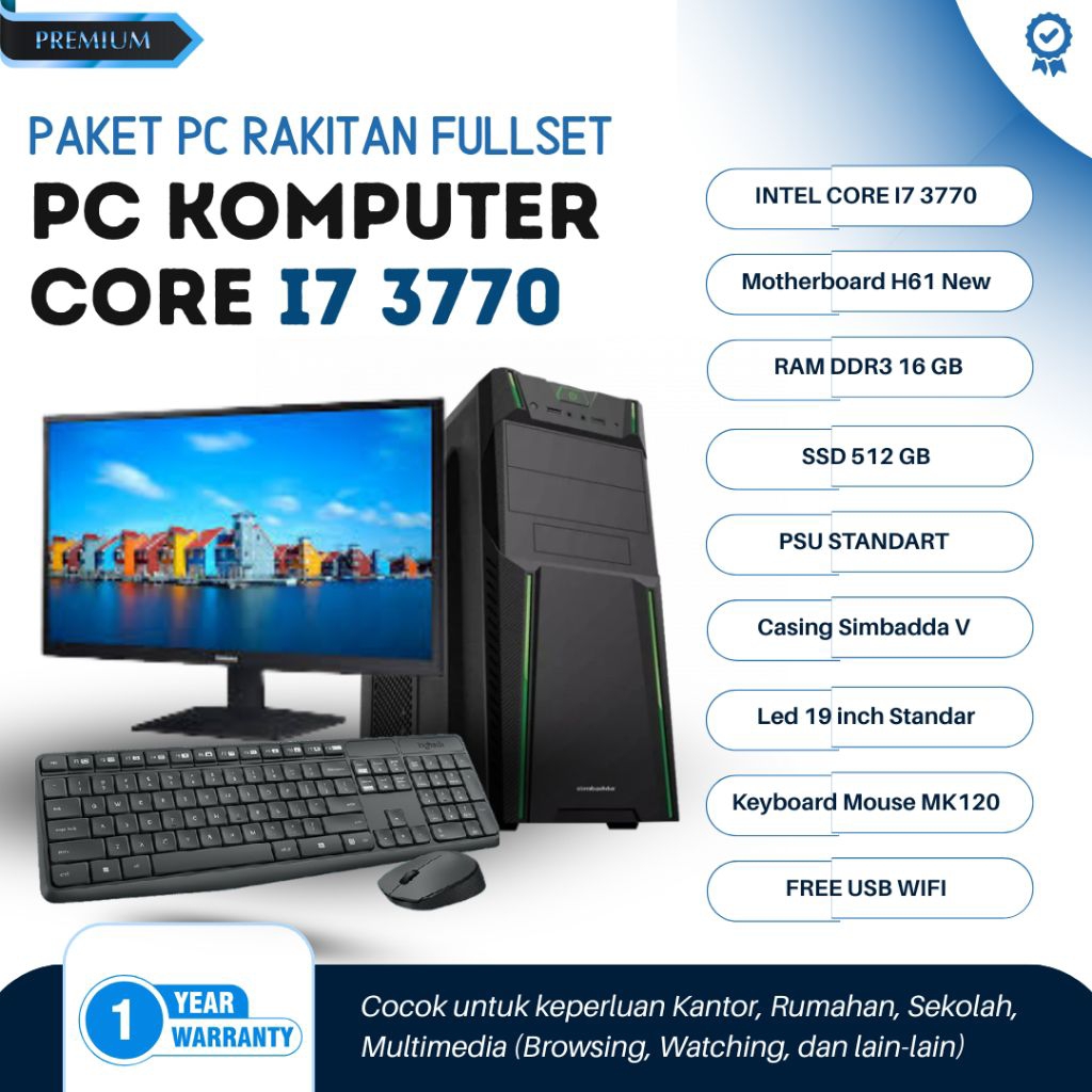 PC RAKITAN FULLSET 17 3770 MB H61 RAM DDR3 16 GB SSD 512 GB CASING PSU SIM V