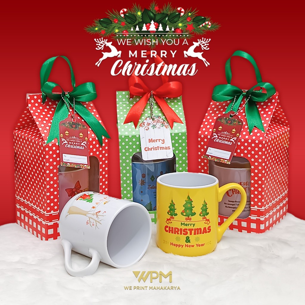 SOUVENIR NATAL / MUG WARNA NATAL / SOUVENIR MUG NATAL / HADIAH NATAL CUSTOM PACKINGAN BOX PITA AND C