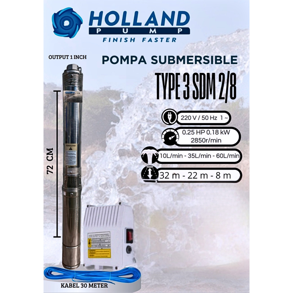 Pompa Air Listrik Sibel Holland Pump Submersible 3 inch 0.25 HP Plus Kabel 30 Meter