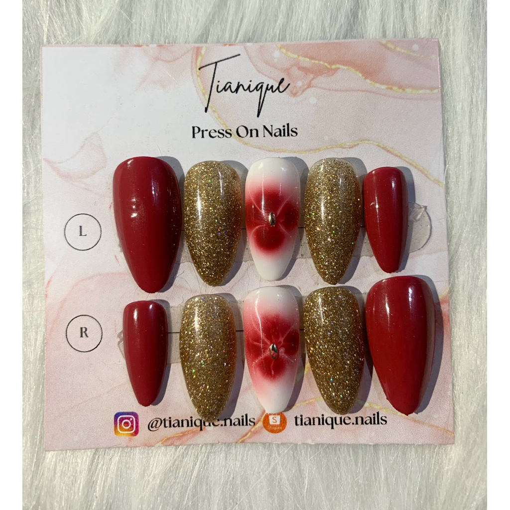 Press On Nails Red Flower blooming gold Glitters / bisa custom ukuran - murah kualitas premium / Wed