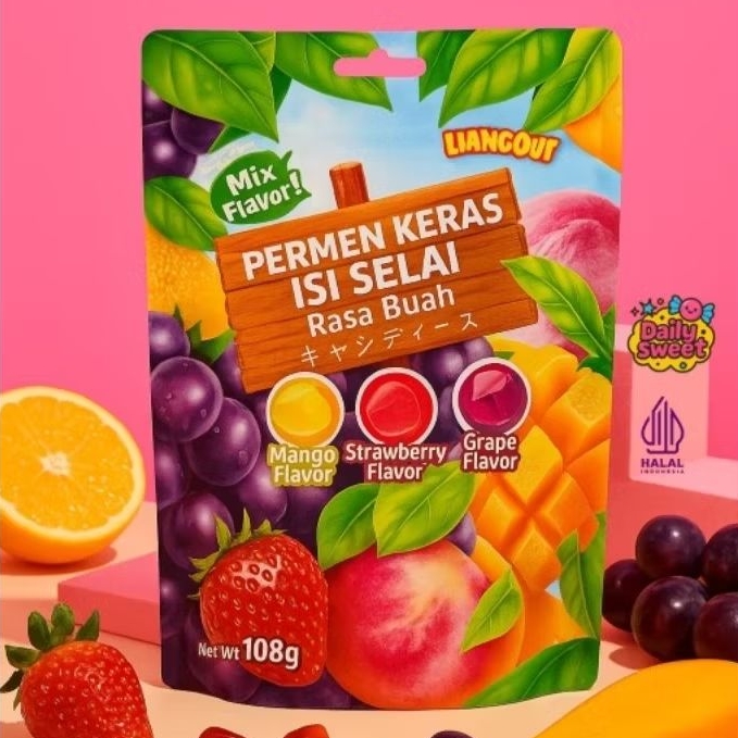 

[LIANGGUI] PERMEN KERAS ISI SELAI RASA BUAH MIX FLAVOR MANGO, STRAWBERRY, GRAPE, RASA BUAH MANGGA, STROBERI, ANGGUR, PERMEN, CANDY, MANIS, ASEM Cemilan Snack