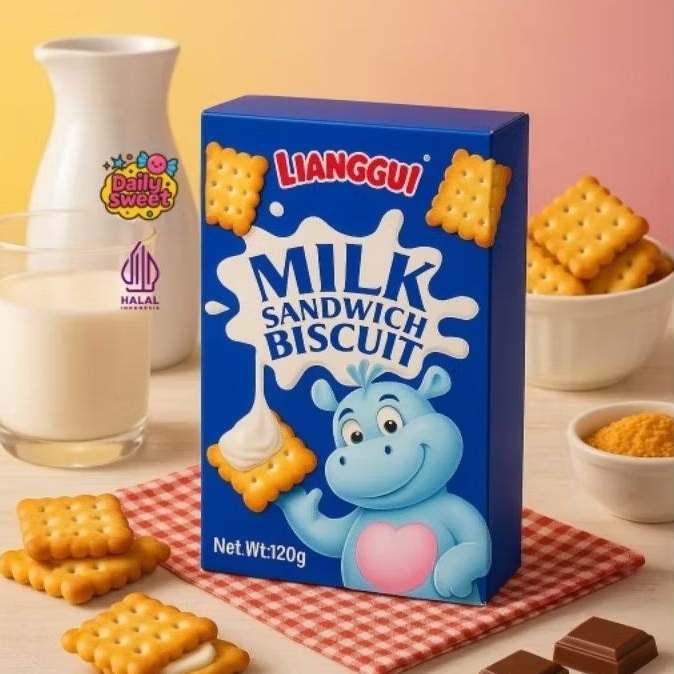 

[LIANGGUI] MILK SANDWICH COOKIES, BISKUIT SUSU, KUE, SNACK, CEMILAN KERING, SUSU, RENYAH, CRISPY Manis Cream Food Makanan