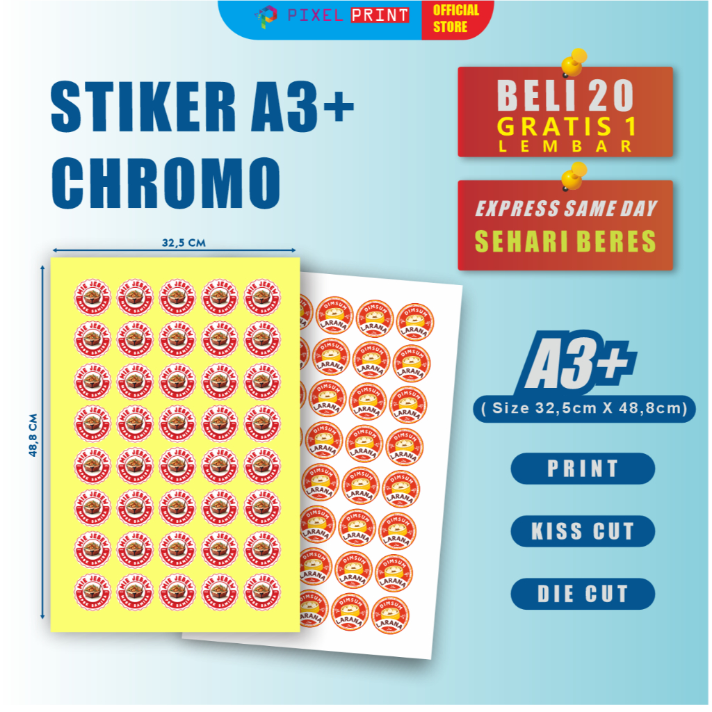 

PIXEL PRINT - Stiker label cromo A3+ Glossy / Print+Cutting / Label kemasan / Label produk UMKM / Stiker Custom