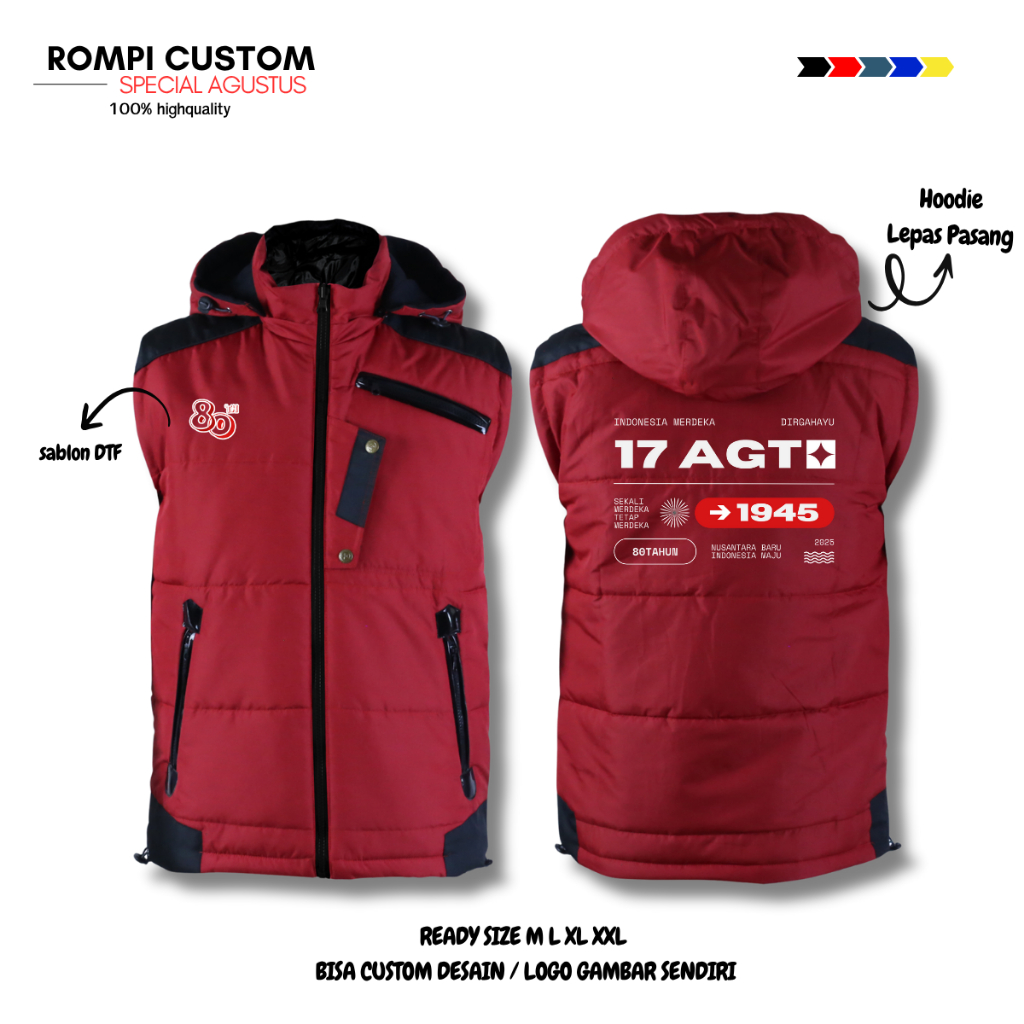 Rompi Jaket 17 Agustus HUT Kemerdekaan RI Custom Bodyvest Unisex Hoodie Lepas Pasang
