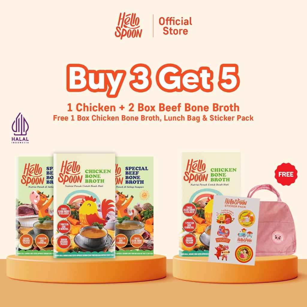 

[BUY 3 GET 5] - 3 Box Chicken Bone Broth Hello Spoon FREE 1 Box Chicken Bone Broth & Tas Bekal - 100% bahan alami - Tanpa MSG & Pengawet