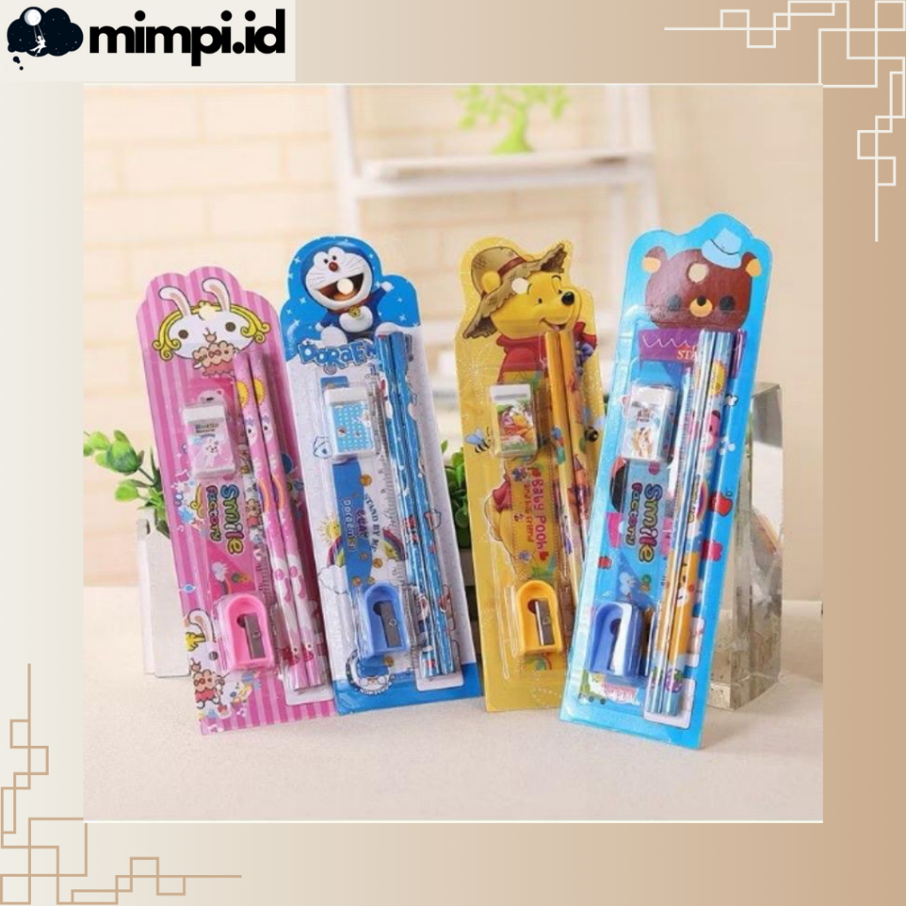 

Alat Tulis Set 5 in 1 Anak Sekolah Penghapus Penggaris Pensil Serutan Karakter Lucu