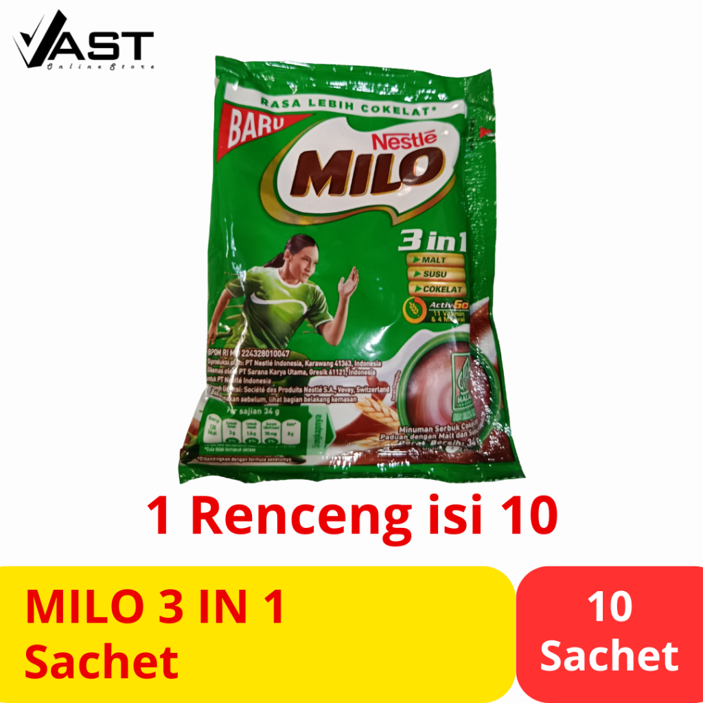 

Milo 3 in 1 Sachet Renceng 10x34g Minuman Coklat Energi Nestle – Harga Grosir / Eceran