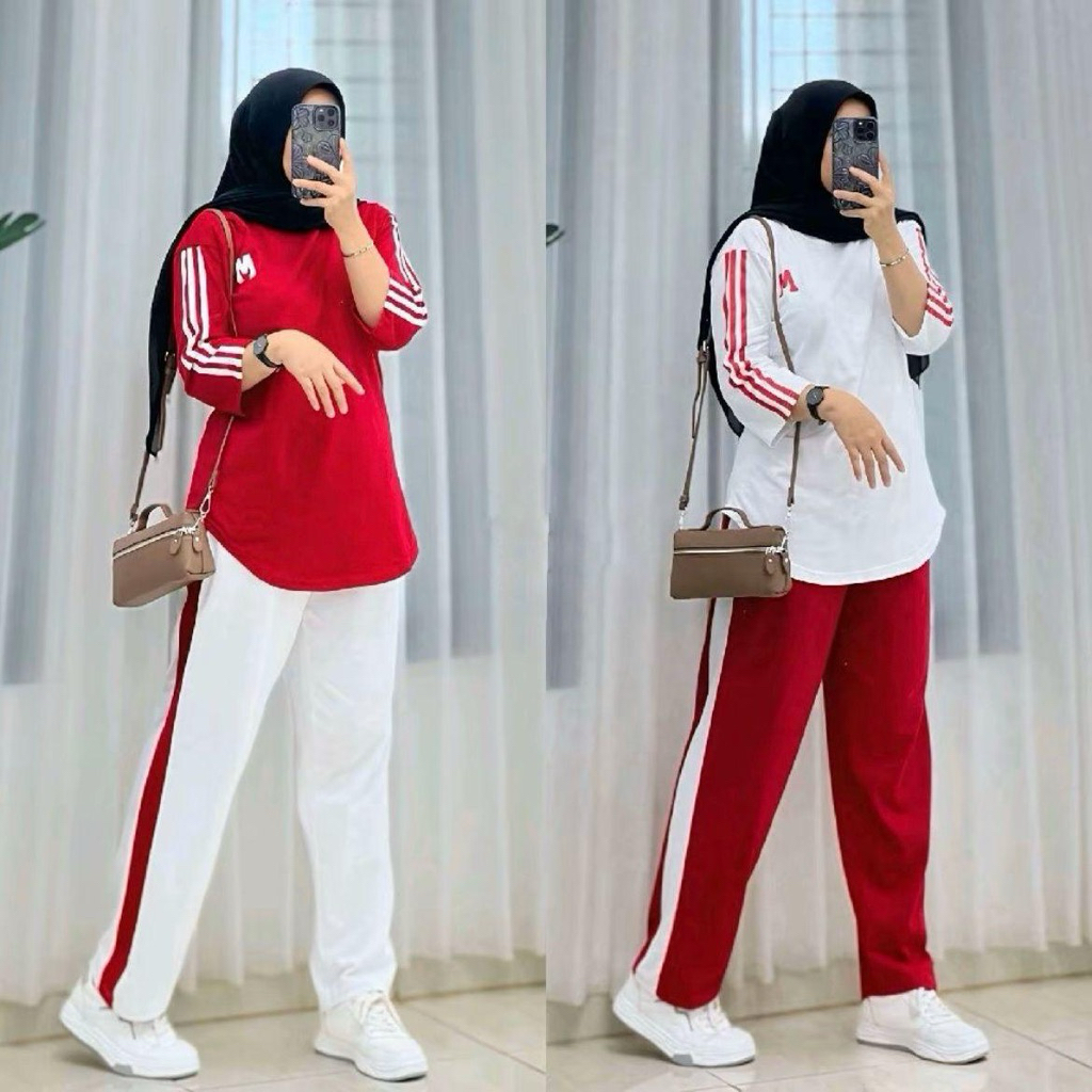 set celana jumbo merah putih/ Stelan tunik model gyl
