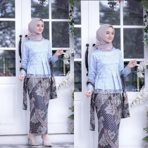 Set Kebaya Balqees Couple Brokat Crop Mayung Mote V Jahit Tangan Kekinian Fashion Muslim Wanita Dewa