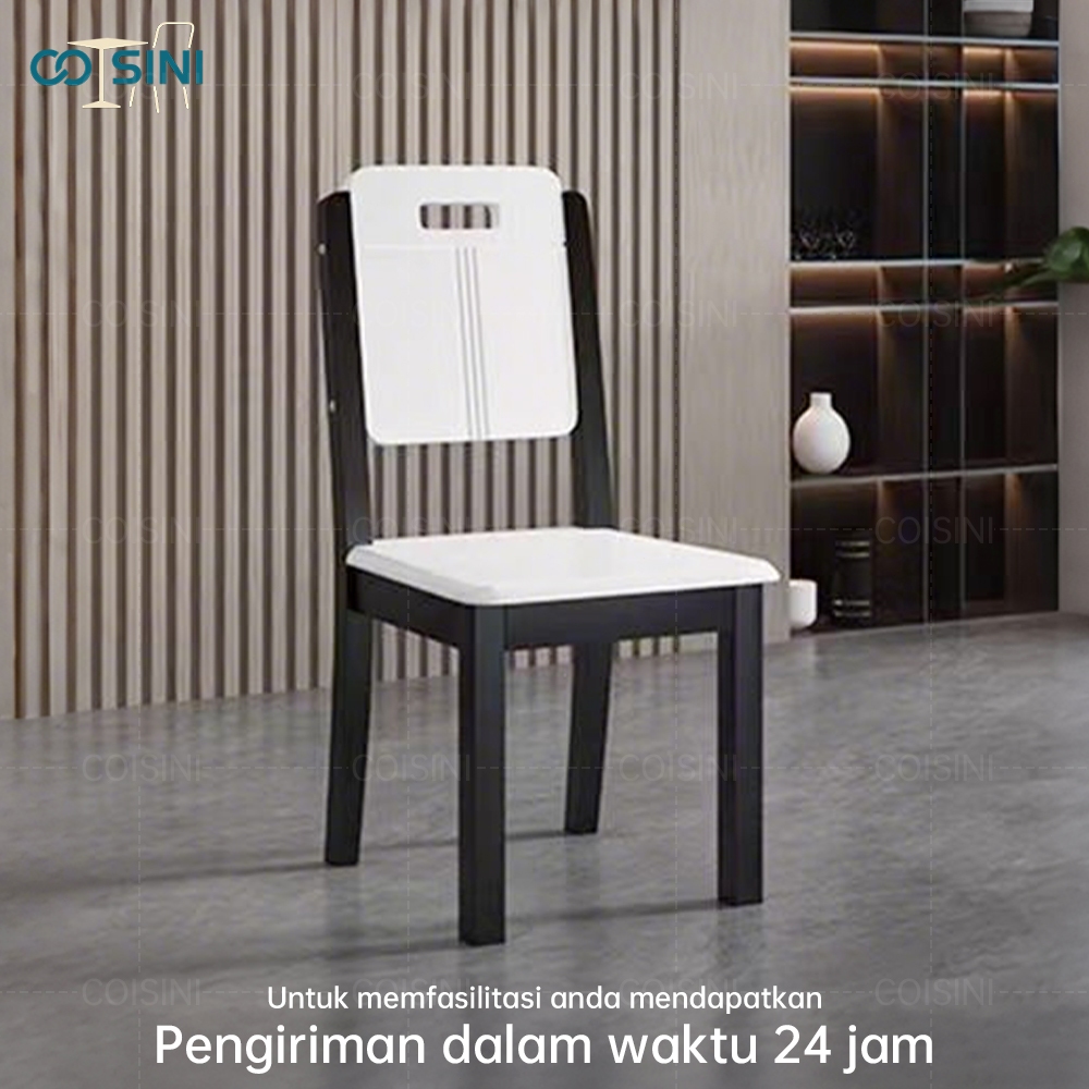 Kursi makan kayu solid/papan kayu putih + kaki hitam/ sandaran tekstur garis vertikal/Ruang tamu sed