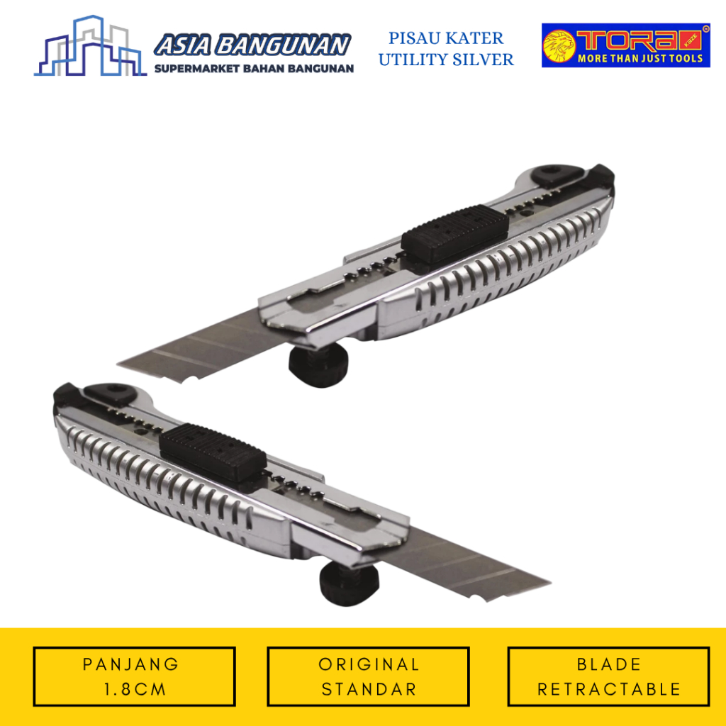 

ASIA BANGUNAN - TORA UTILITY KNIFE UK118 SILVER COLOR PISAU CUTTER 18 MM GAGANG SILVER SERBAGUNA