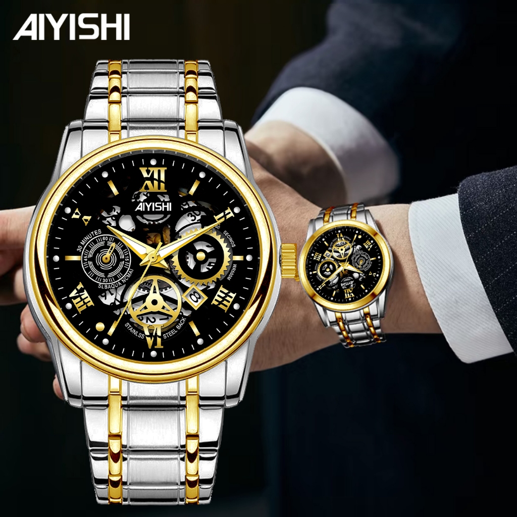 AIYISHI 1806 Jam Tangan Pria Original Anti Air Luxury Stainless Steel Desain Berongga-Ukiran Fashion
