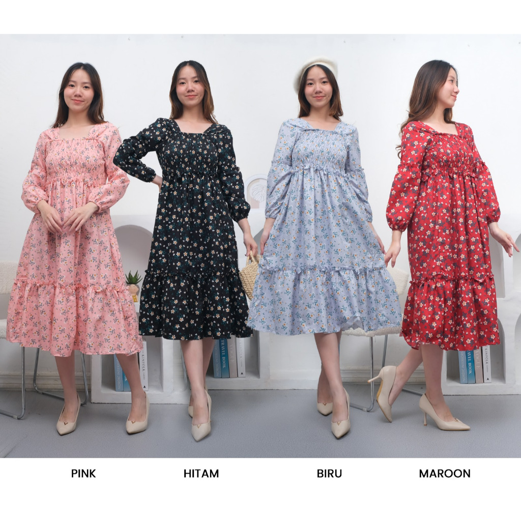 MIDI DRESS DIORA - DIORA SMOCKED MIDI DRESS MOTIF BUNGA