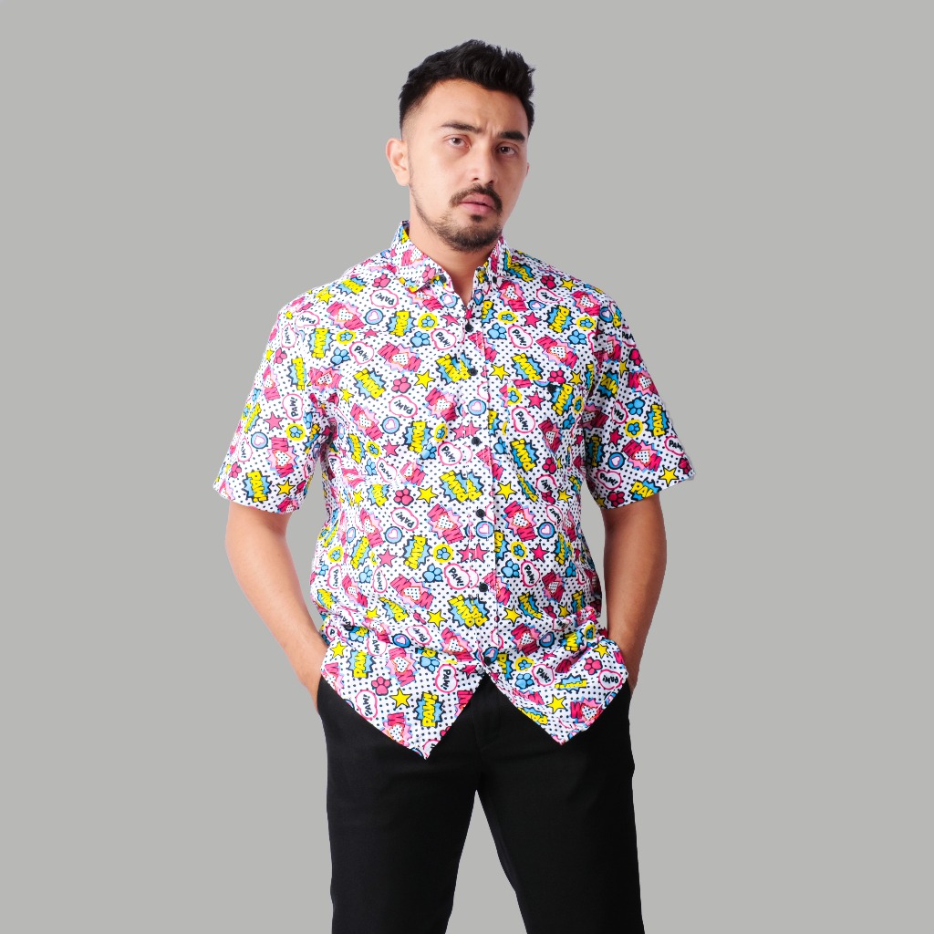 DGM Kemeja Pria Pendek Printing Premium Motif Urban Abstract Ethnic White 2858