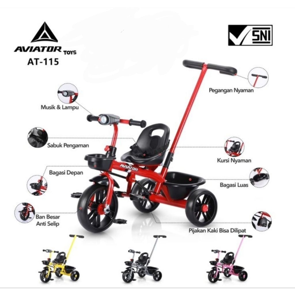 sepeda roda tiga aviator anak keranjang dengan tali pelindung
