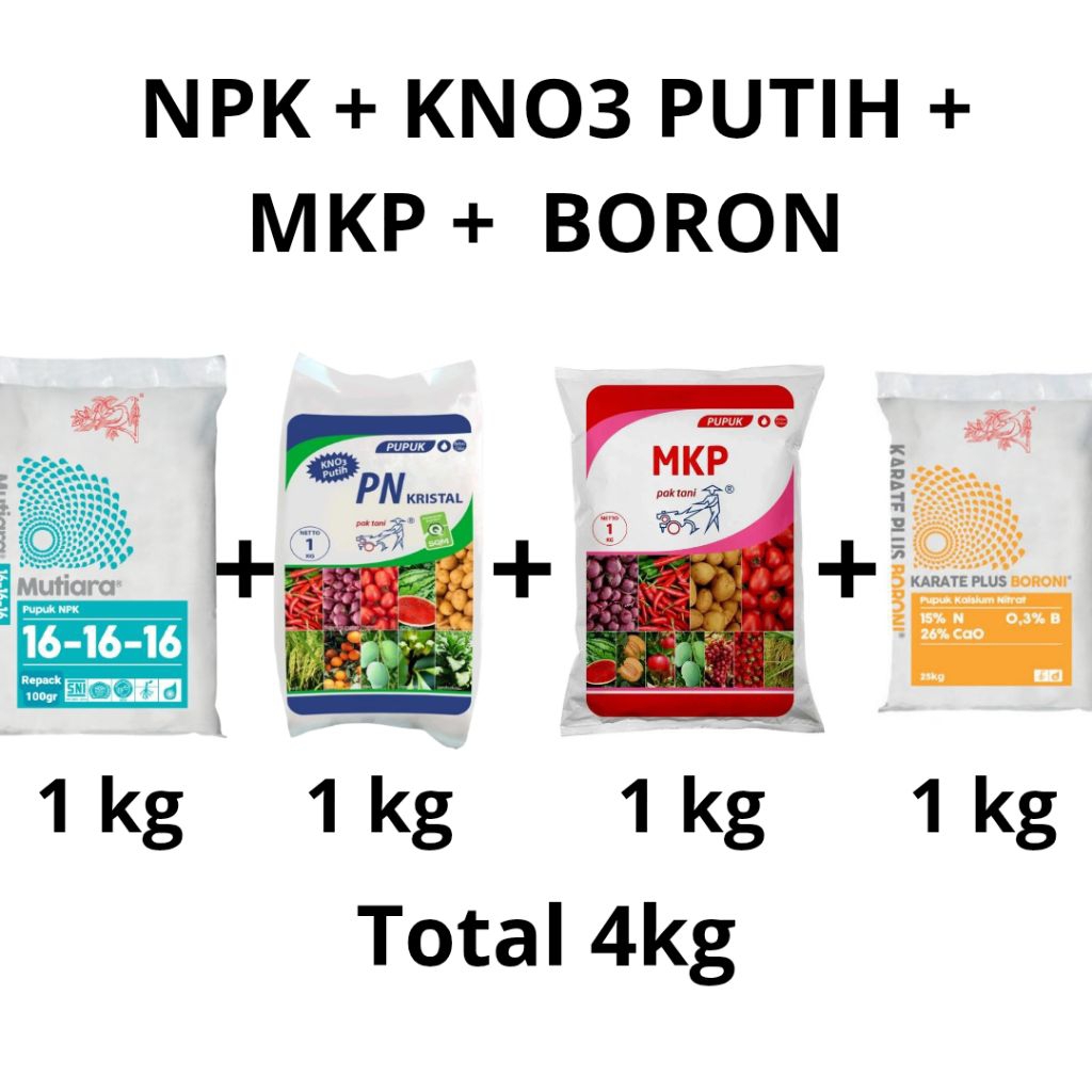 PAKET LENGKAP PUPUK PERTUMBUHAN & PEMBUAHAN NPK MUTIARA 16-16-16 +KNO3 PUTIH + MKP PAK TANI + BORON 