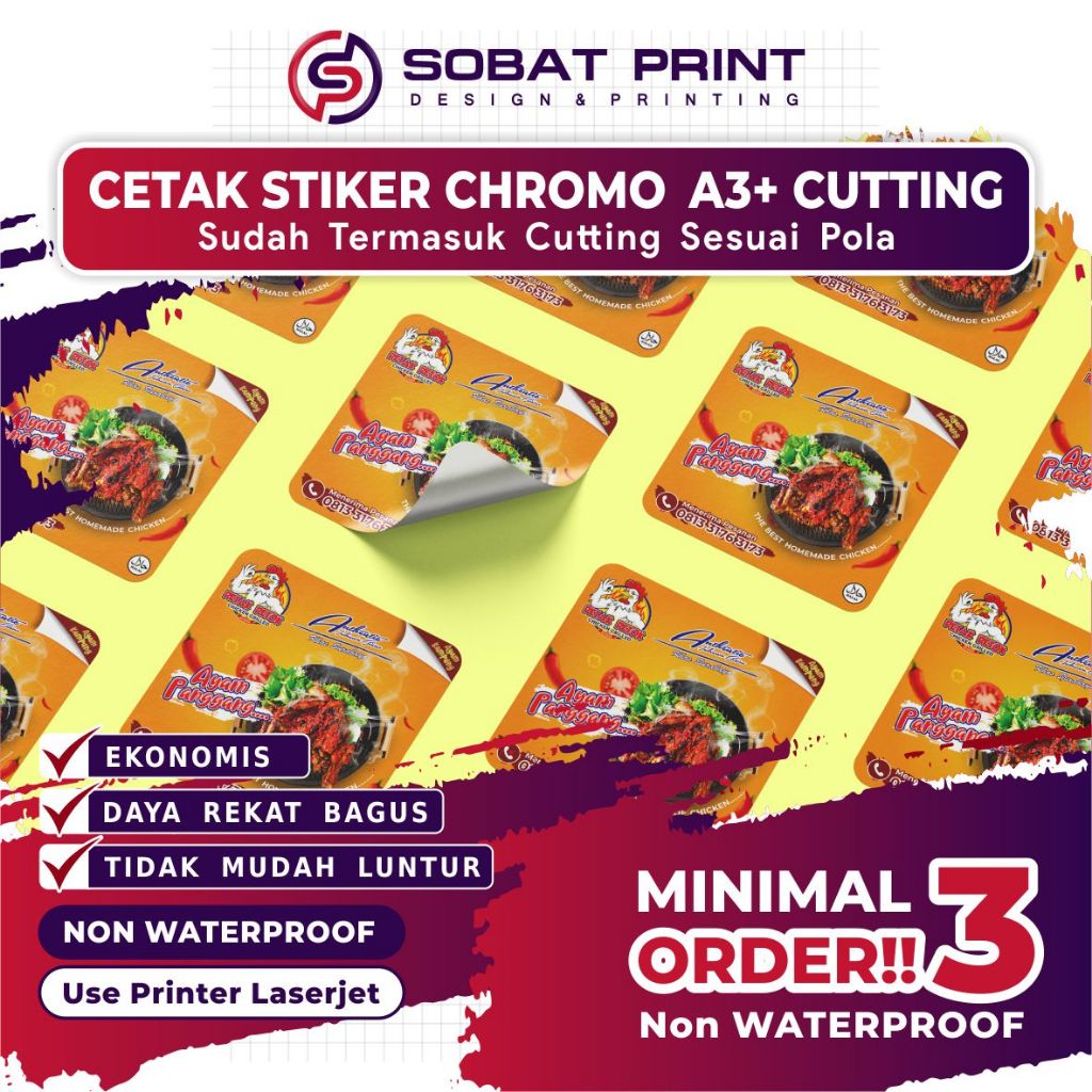 

Cetak Stiker Bontak Chromo A3+ Cutting Custom HalfCut / KisCut / Cetak Stiker Label Kemasan Makanan Minuman / Label Stiker Custom / Cetak Stiker Murah