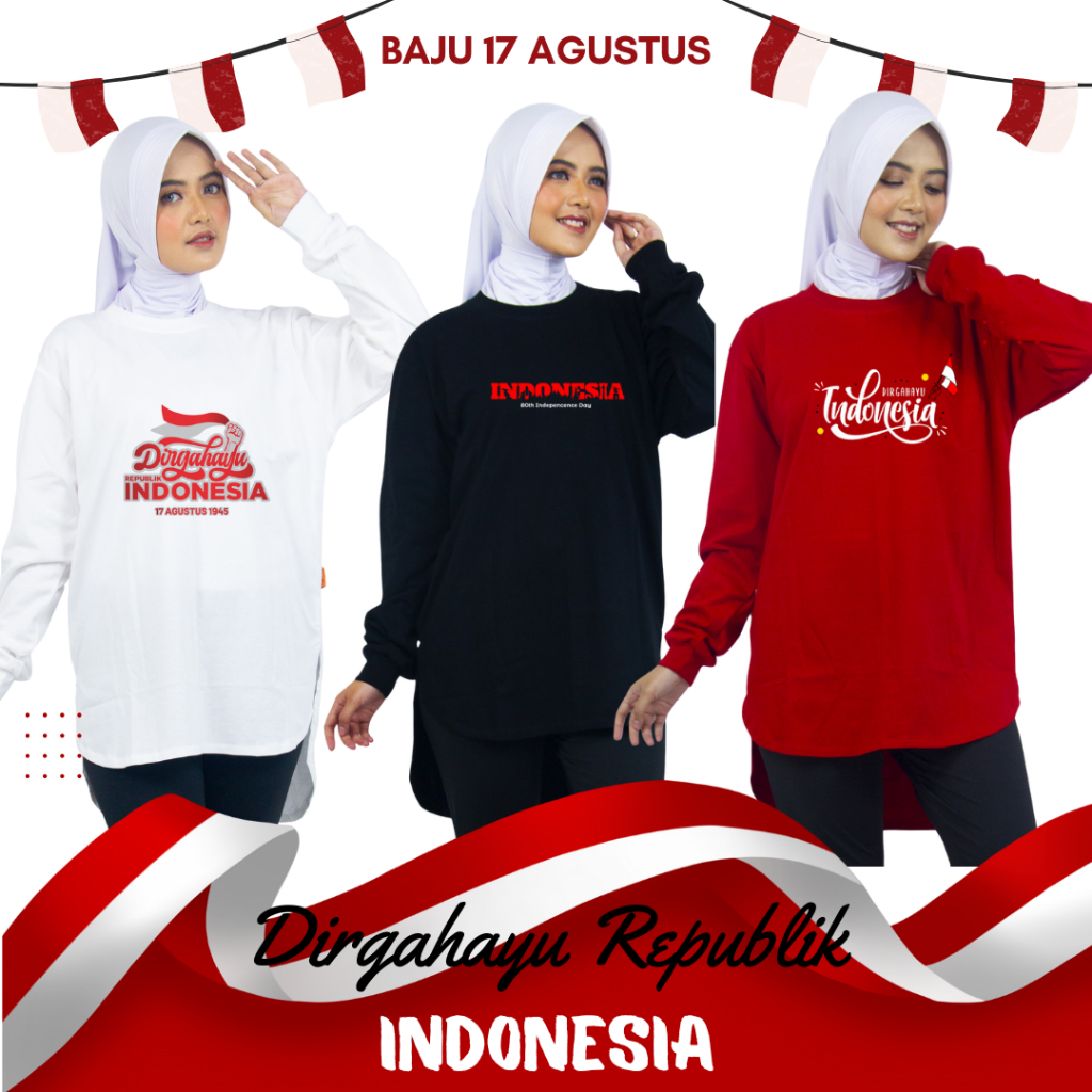 Kaos Agustusan Wanita lengan panjang Baju 17 Agustus 2025 Baju Olahraga Merah Putih