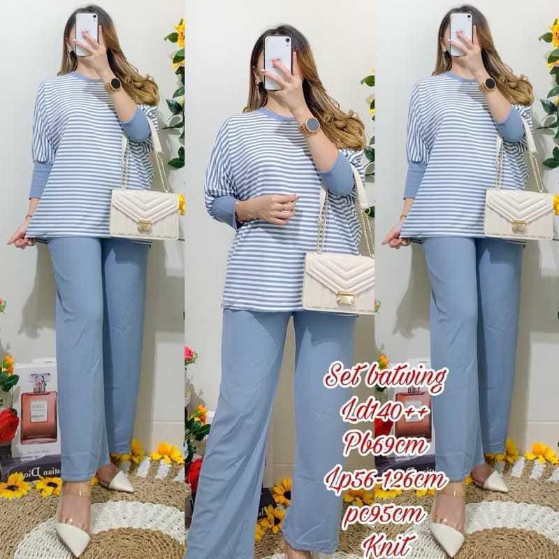 LD 110 120 130 CM XL XXL XXXL Setelan Baju Batwing Jumbo Rajut Salur Oneset Wanita Model Kekinian