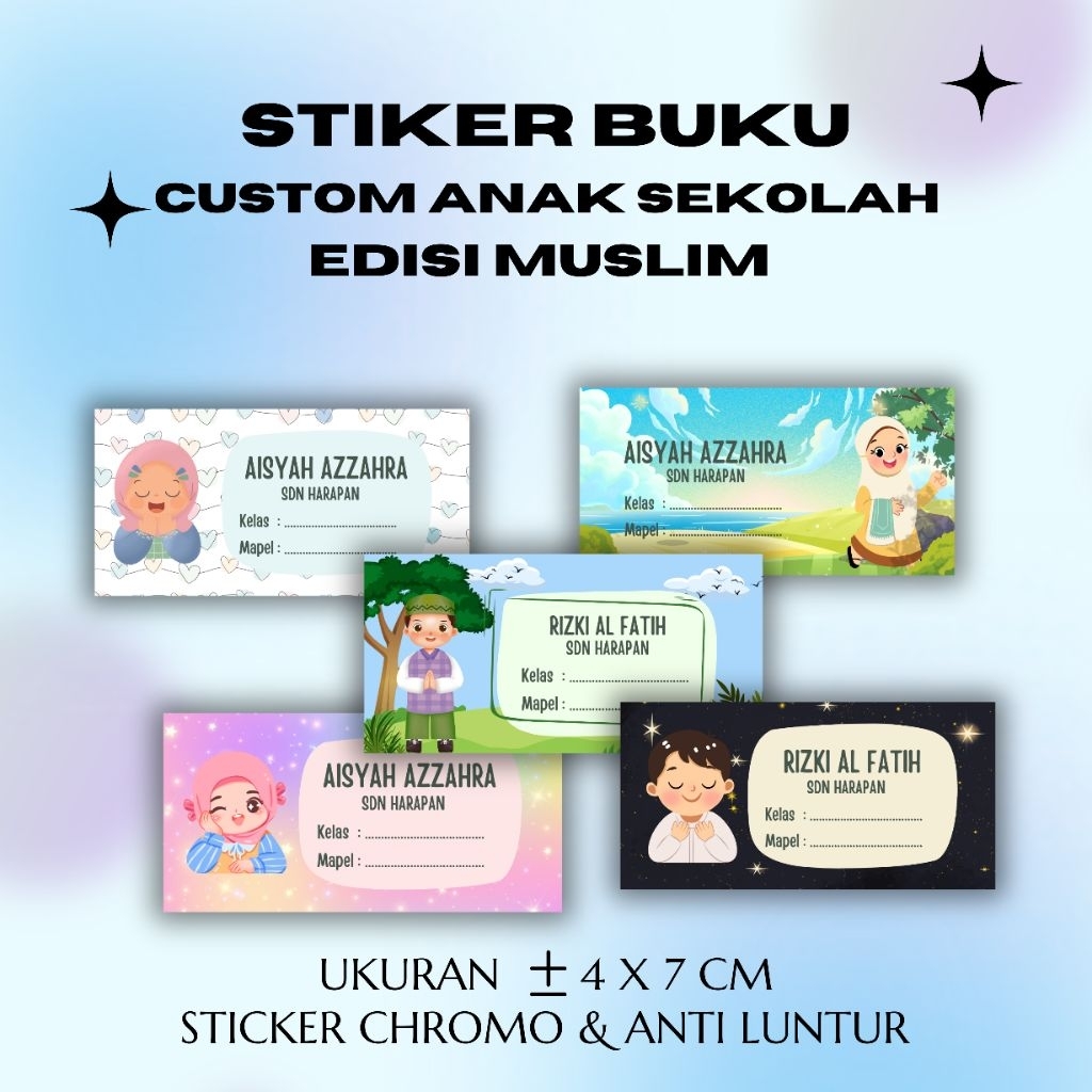 

[Isi 20 Lembar] CUSTOM Stiker Buku Sekolah Edisi Anak Muslim Ukuran 4x7cm | Sticker Label Nama Pelajaran