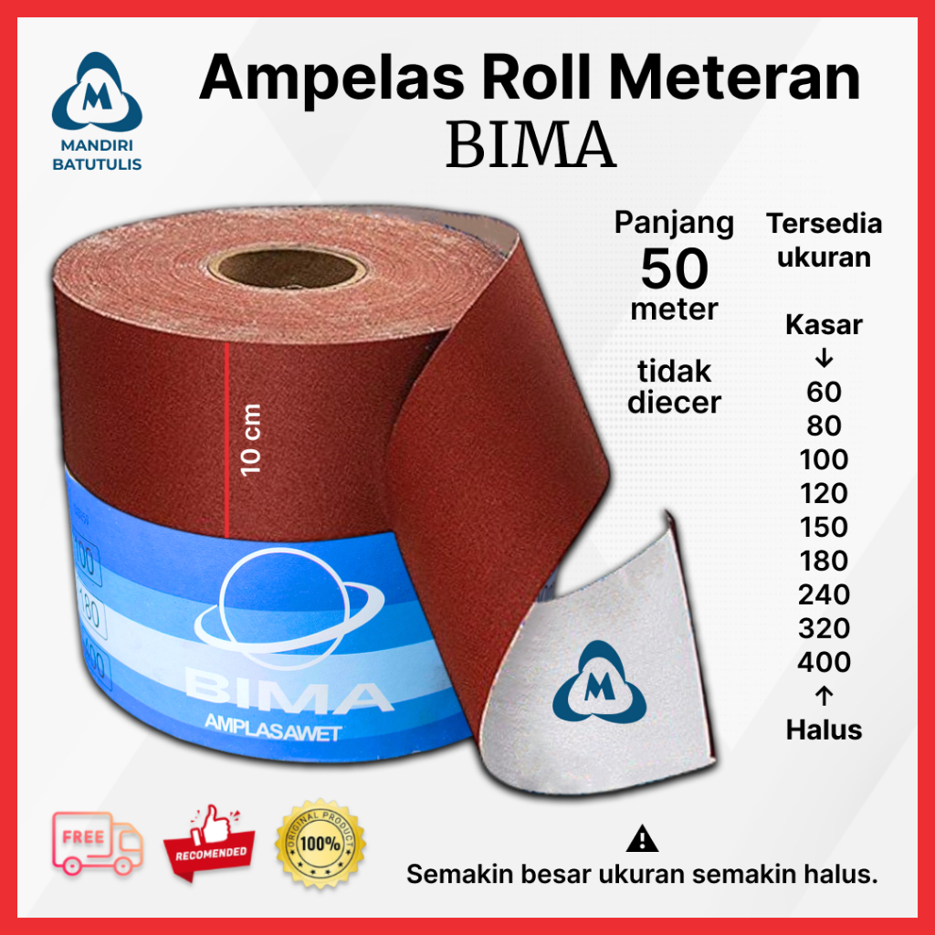 Amplas Meteran BIMA 50 meter / Amplas Roll / Ampelas tembok 50m Kasar Medium Halus 1 ROLL