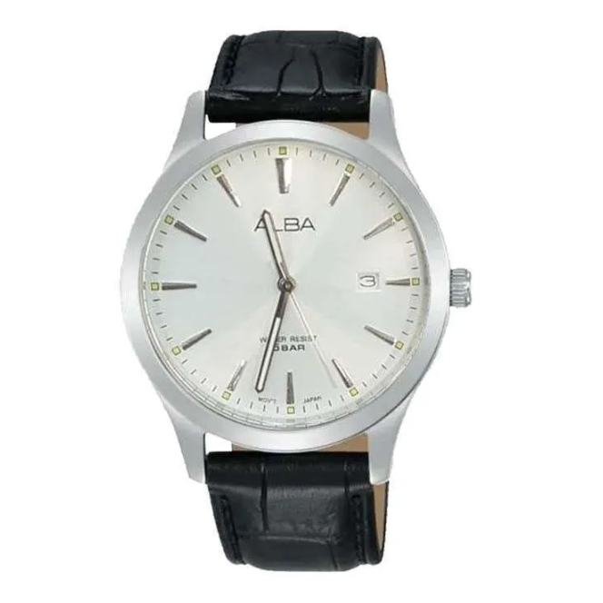Jam Tangan Pria Alba Classic AS9R03 AS9R03X1 Strap Leather Black Dial Silver Black Silver Color