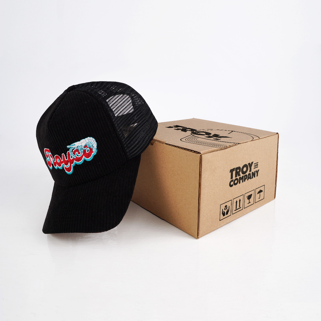 [FREE BOX] Troy Company Trucker Hat Black Shrimp - Topi Trucker Black Corduroy TCN 3193
