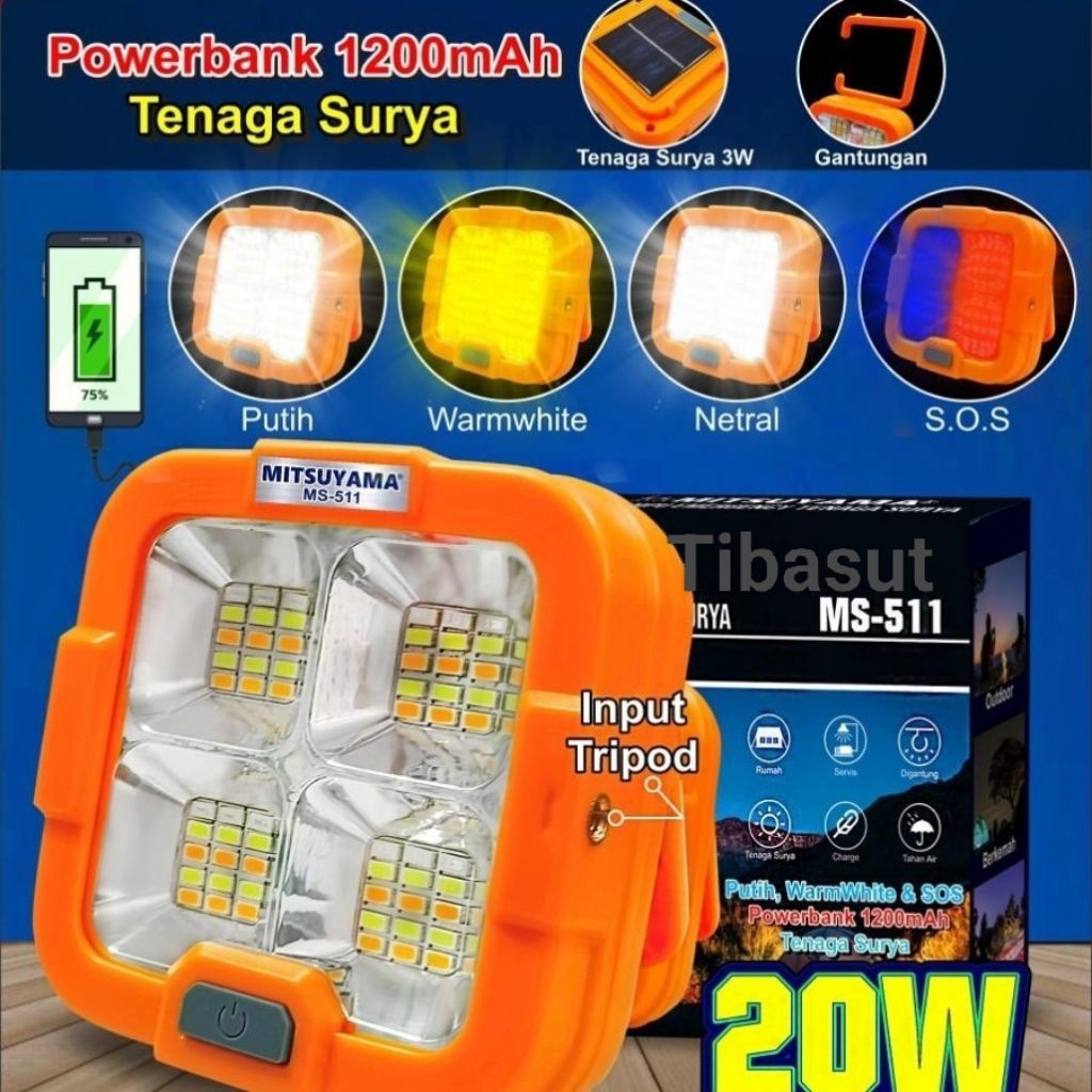 Mitsuyama Lampu Emergency Tenaga Surya 20 Watt Ms-511 Lampu LED Input Stand Tripod