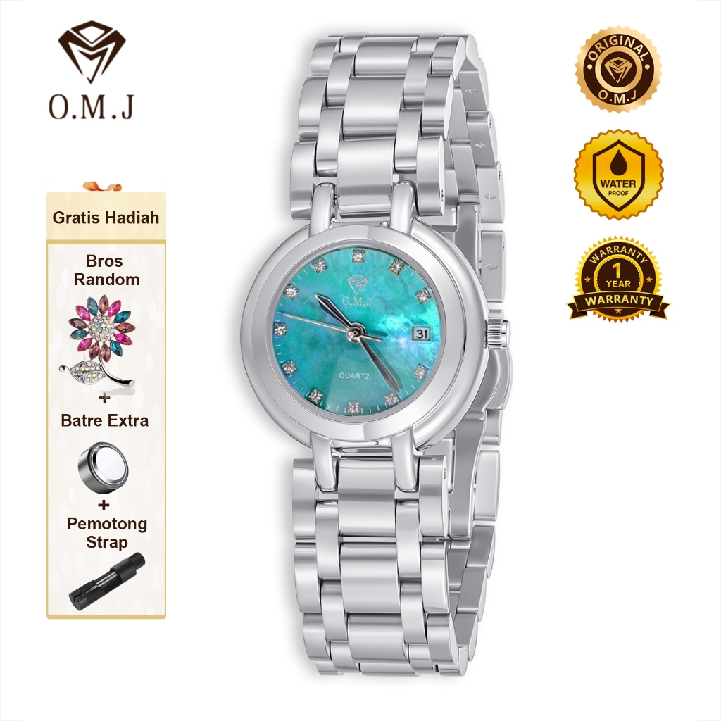 OMJ G085 Jam Tangan Wanita Perak Warna Tosca Laut Watch Stainless Steel Gelang Quartz Mutiara Tosca 