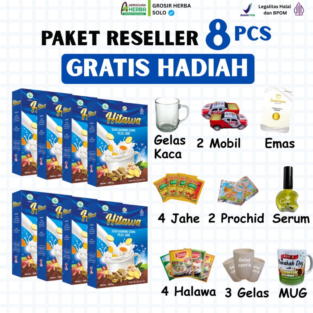 

[PAKET RESELLER] [BELI 6 GRATIS 2] [GRATIS HADIAH] Susu Kambing Plus Jahe Kunyit Temulawak HITAWA 200 gr GARANSI Produk Original