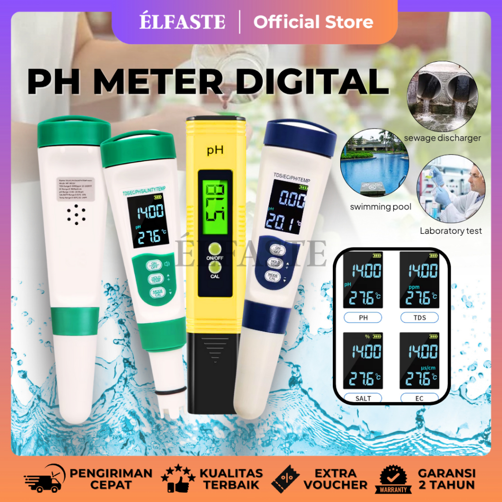 ELFASTE PH TDS Alat Ukur Kualitas Air Digital Hidroponik Akuarium Suhu