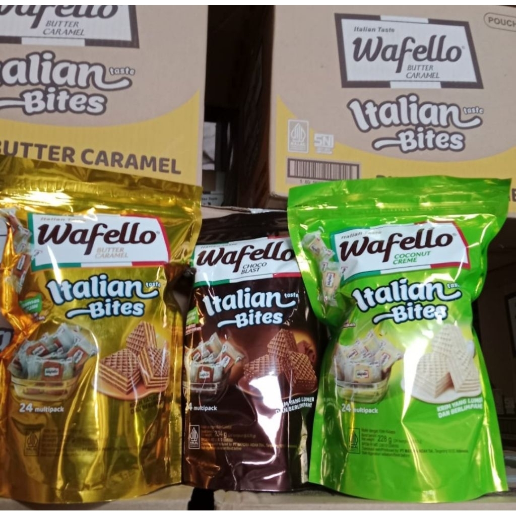 

Wafello Wafer Choco Kaleng 234 g Wafello Wafer Karamel 95 g Wafello Italian Bites 95gr
