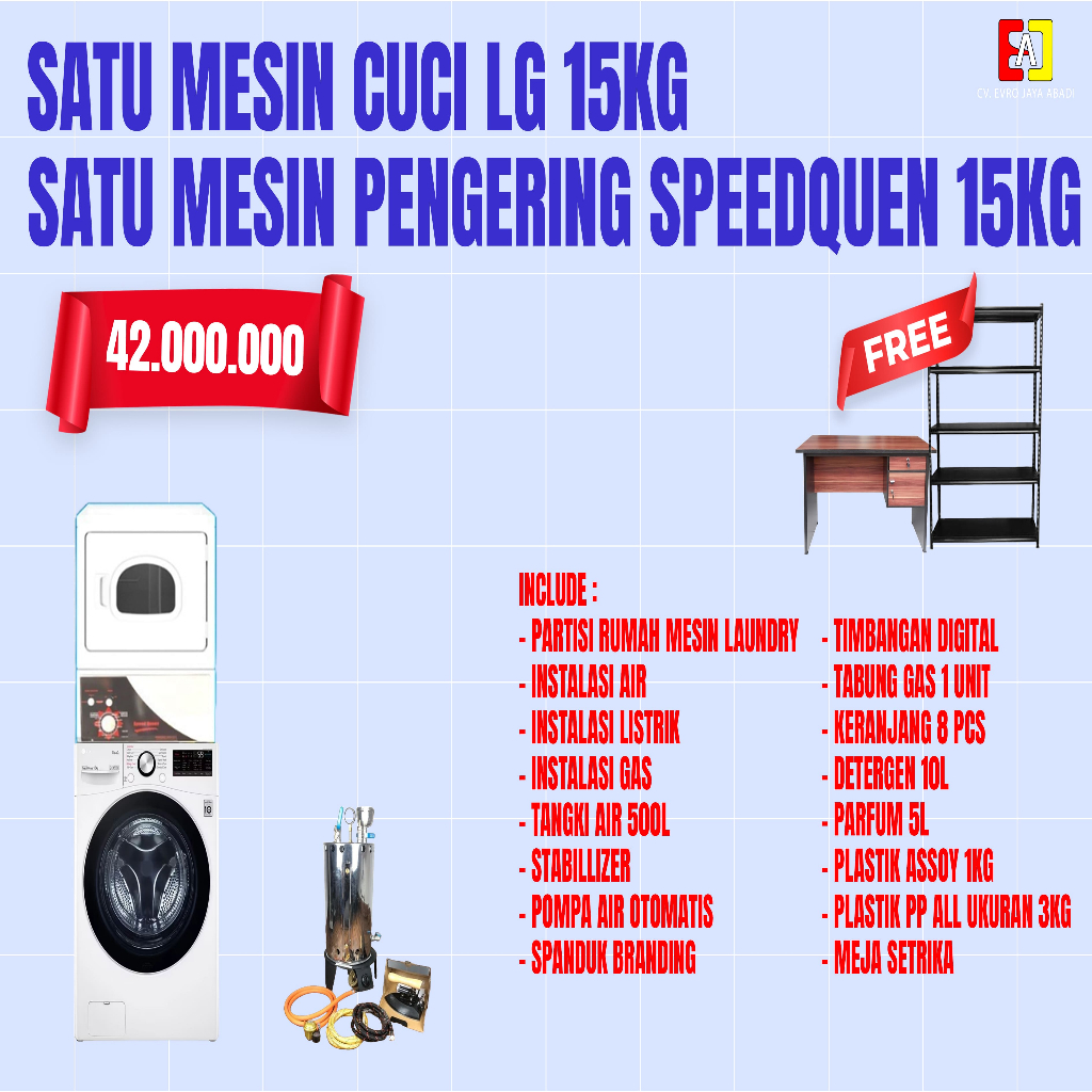 Paket Usaha Laundry 1 Unit Mesin Cuci LG 15 KG & 1 Unit Dryer SpeedQueen 15 KG dan Boiler 10 Liter