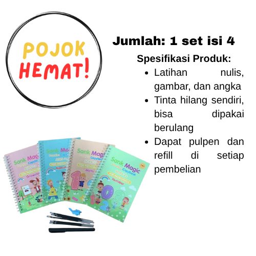

Set Buku Magic Anak 4 in 1 – Belajar Menulis Huruf Angka Gambar Usia 3+ Tinta Hilang Sendiri Bisa Tulis Ulang Bonus Pulpen Refill Buku Ajaib TK PAUD