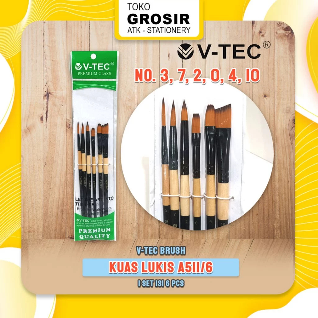 

Kuas V-TEC tipe A511/ 6 SET / Kuas Lukis VTEC / Brush for Watercolor Acrylic, Oil / 6 Ukuran V Tec No. 3 No. 7 No. 2 No. 0 No. 4 No. 10 2
