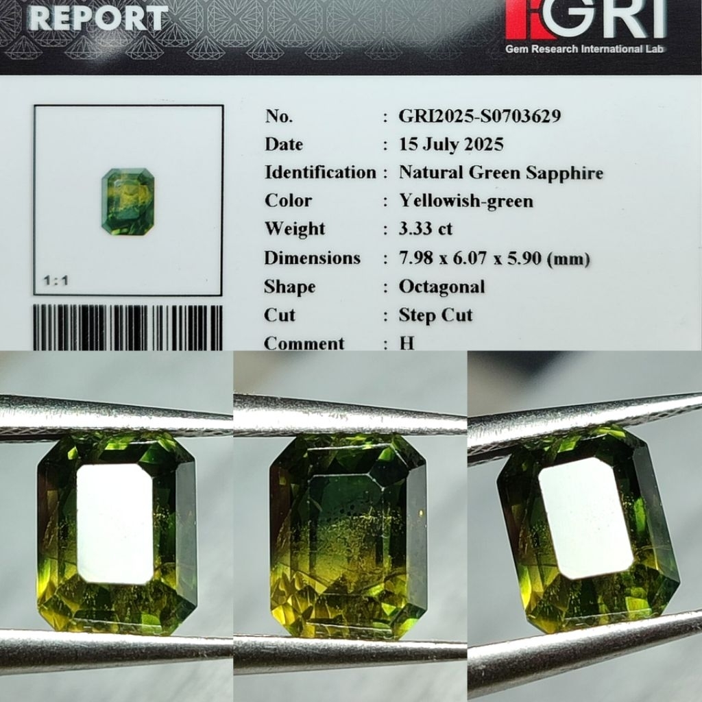 High Quality Natural Green sapphire Green Sapphire 3.33 Crt Heated GRI.Lab