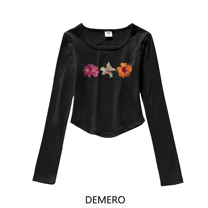 Demero Atasan Kaos Lengan Panjang Wanita Motif Kelinci Cetak bunga | Pakaian Wanita Kaos Ketat Poton