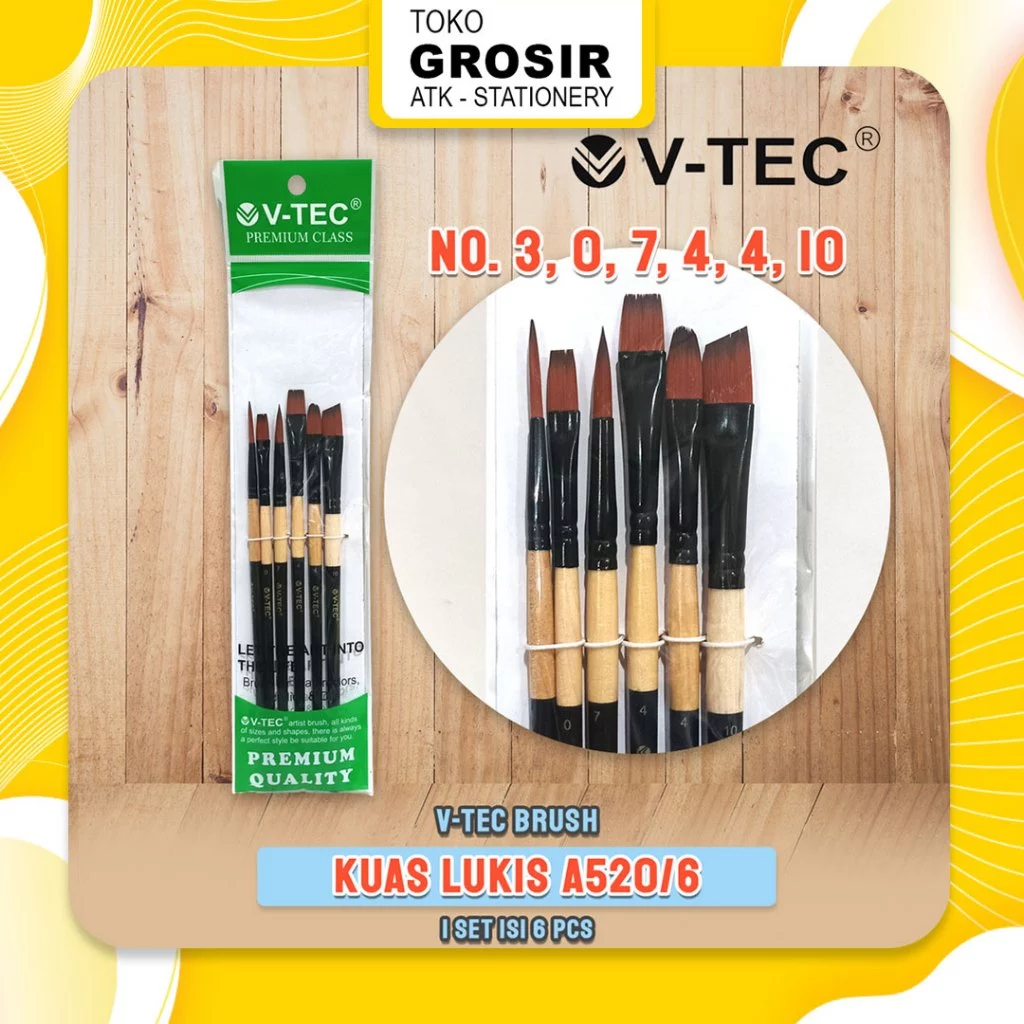 

Kuas V-TEC tipe A520/ 6 SET / Kuas Lukis VTEC / Brush for Watercolor Acrylic, Oil / 6 Ukuran V Tec No. 3 No. 0 No. 7 No. 4 No. 4 No. 10 2