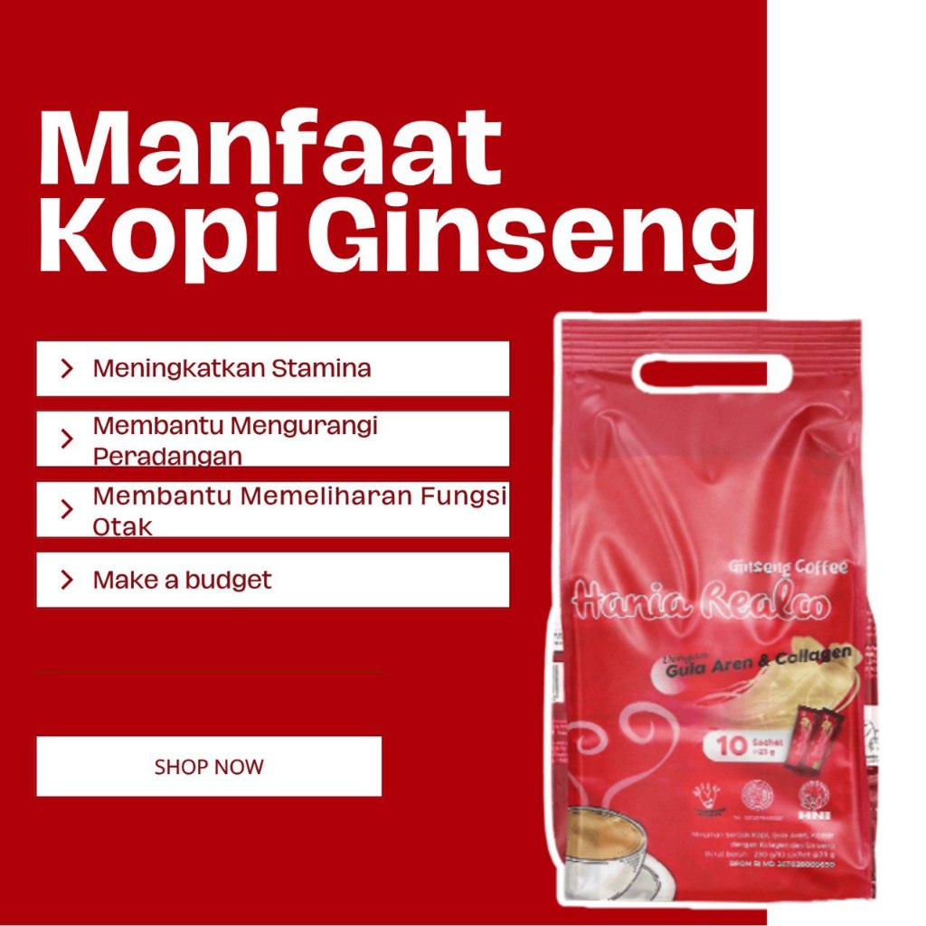 

Hania Realco Gingseng Coffee Dengan Gula Aren Dan Kolagen