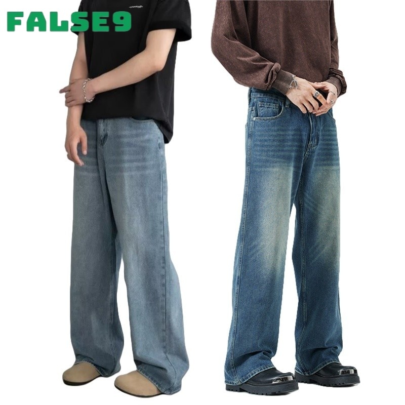 Celana Jeans Pria Gaya Retro Amerika Pinggang Elastis Kaki Lebar
