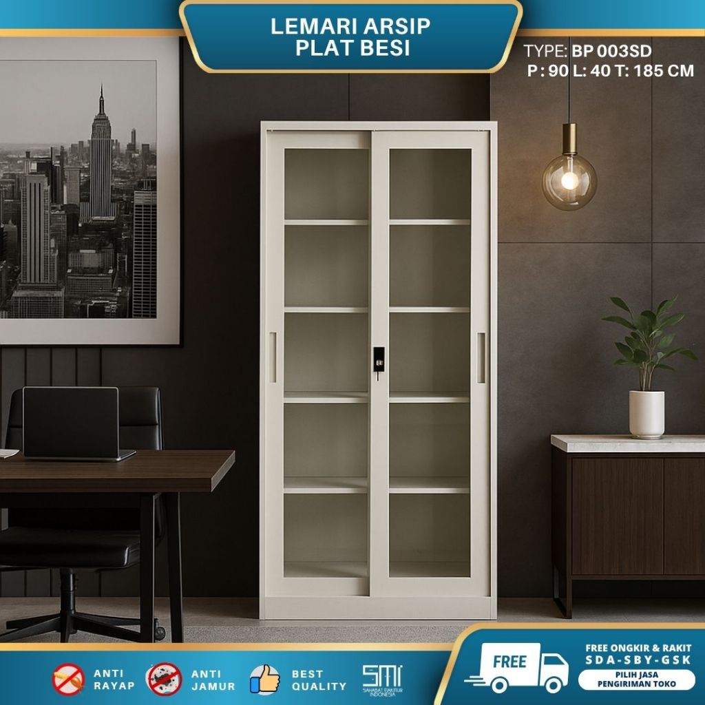 Lemari Arsip BP 003SD White - Lemari Arsip Plat Besi / Filling Cabinet Sliding Door / Almari Buku