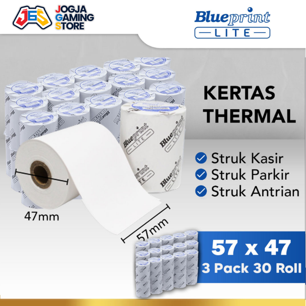 

KERTAS THERMAL PAPER PPOB STRUK KARCIS PARKIR MURAH BLUEPRINT LITE 57x47 58x48 57x48 - 3 PACK 30 ROL