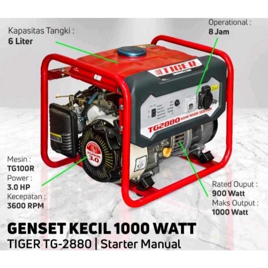 GENSET TIGER TG2880 1000watt manual stater recoil generator listrik