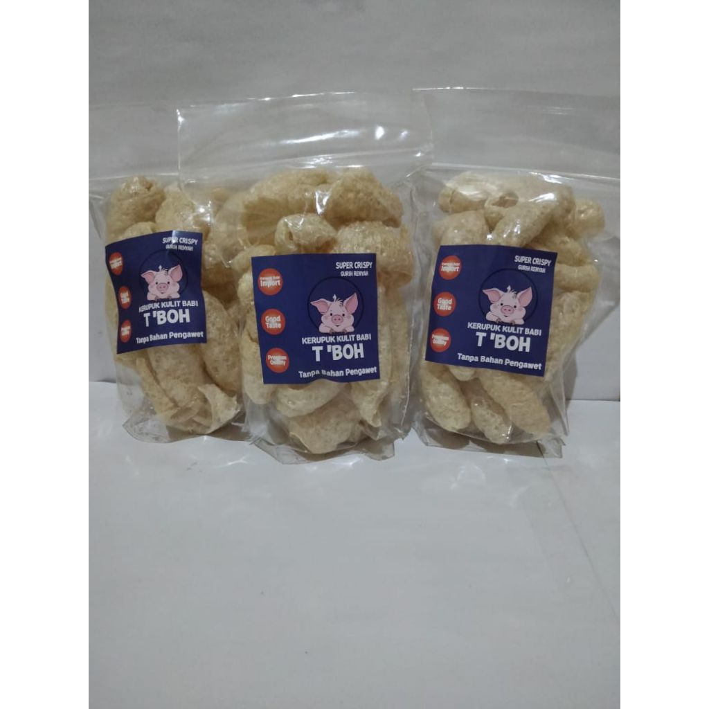 

KERUPUK KULIT BABI T'BOH IMPORT ISI BERSIH 60 GRAM CU JIU CHA/RAMBAK/KERUBI