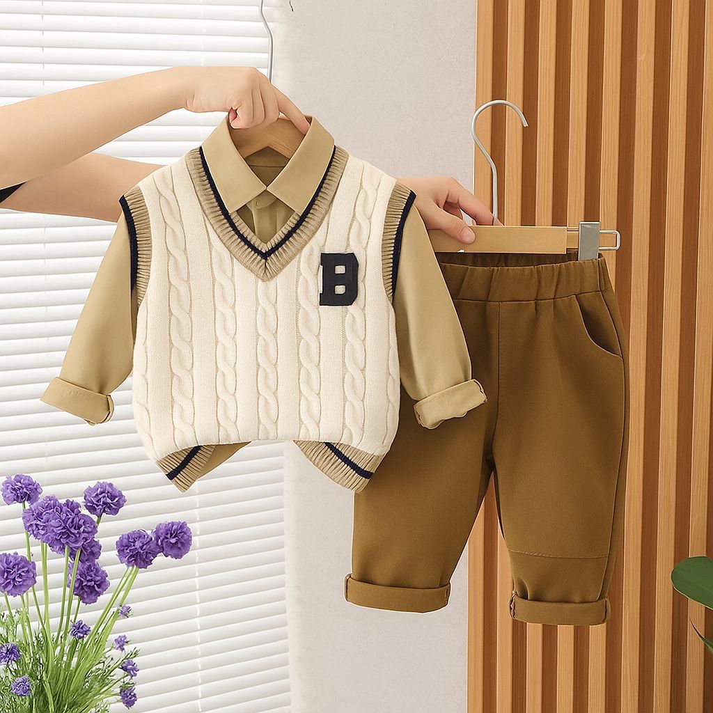 Setelan Anak Laki-laki Modis Usia 1-5 Tahun 3in1 Kemeja Rompi Rajut Celana Chinos