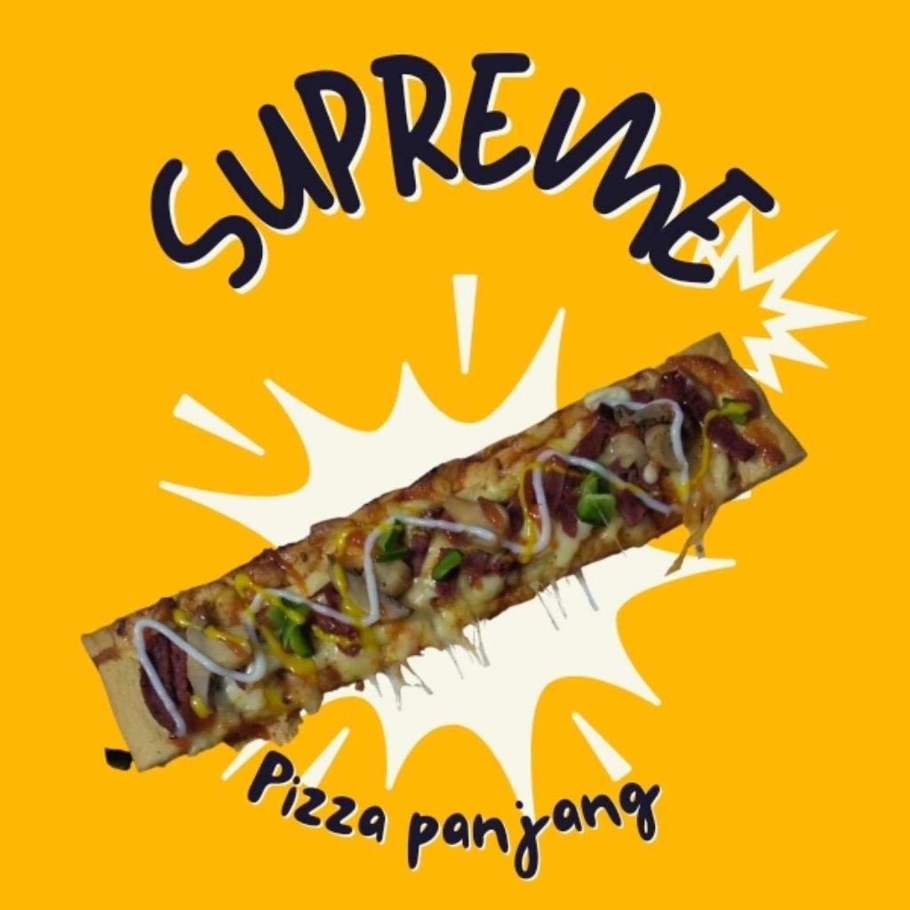 

pizza panjang supreme toping pepperoni smokebeef paprika jamur jagung mozarella daging cincang khas menul pengiriman instant ukuran -+28cm