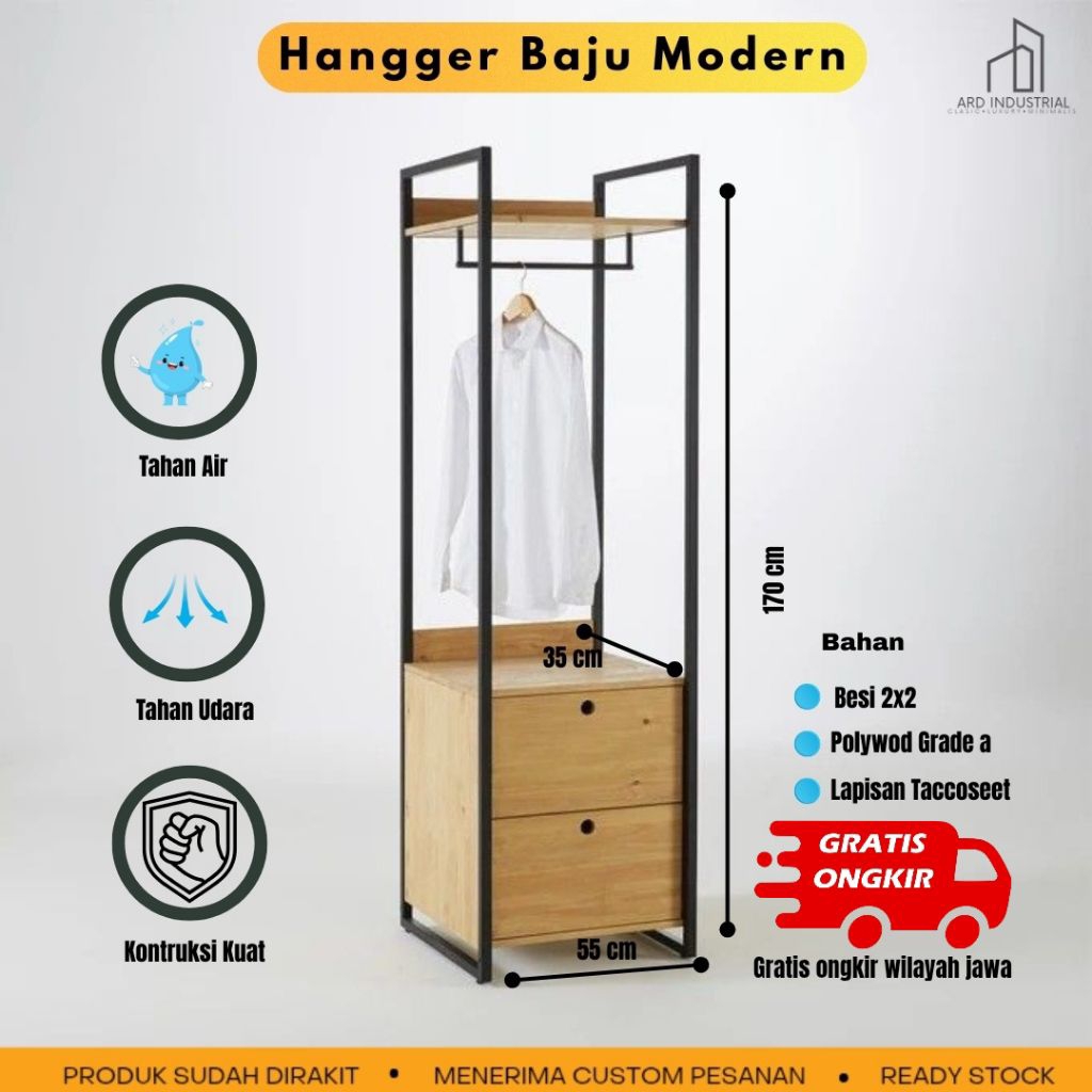 Rak Baju Pakaian 2 Laci Penyimpanan-Hangger Baju Besi Style Industrtial